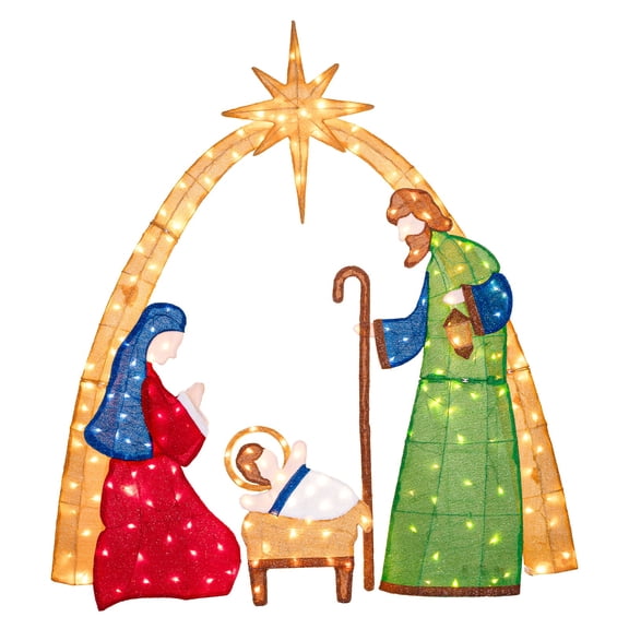 ROMSWI 5.5ft Lighted Nativity Scene Christmas Decoration Outdow/210 White LED Lights for Holy Family Xmas Set Yard Decor Figures Stained-Glass Fabricor