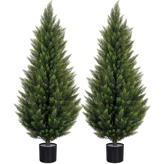 ROMSWI Artificial Cedar Topiary Trees 4FT 2 Pack UV Resistant Evergreen Fake Cypress Pine Black Pot for Indoor Outdoor Porch Entryway Decor