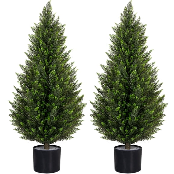 ROMSWI Artificial Cedar Tree 2 Pack 3 ft Tall Faux Cedar Topiary Plant Fake Lifelike Potted Pine for All-Season Home Office Porch Entryway Decor