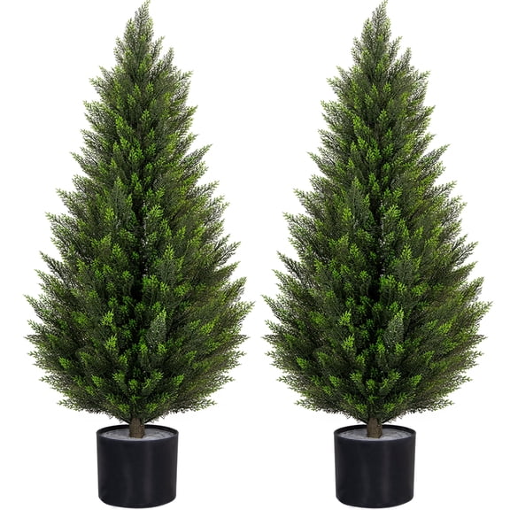 ROMSWI Artificial Cedar Tree 2 Pack 3 ft Tall Faux Cedar Topiary Plant Fake Lifelike Potted Pine for All-Season Home Office Porch Entryway Decor