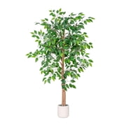 ROMSWI Artificial Ficus Tree 5FT Tall with White Planter, Realistic Faux Ficus Plants with Natural Wood Trunk for Living Room Home Office Porch