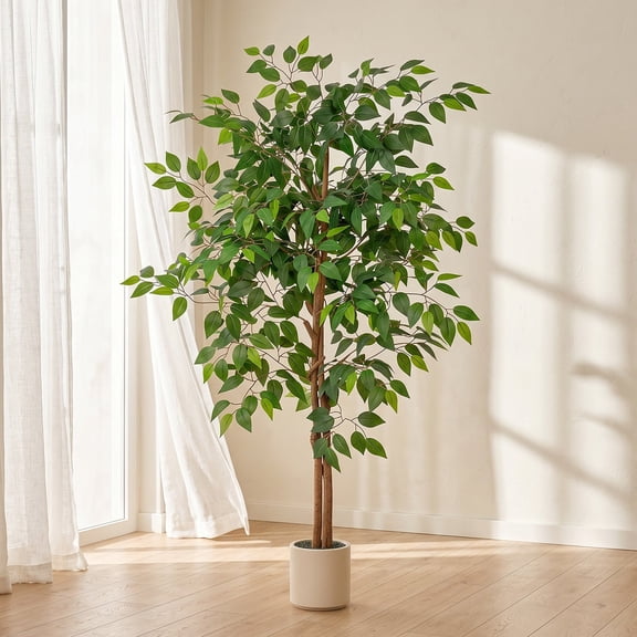 ROMSWI Artificial Ficus Tree 5FT Tall with White Planter, Realistic Faux Ficus Plants with Natural Wood Trunk for Living Room Home Office Porch