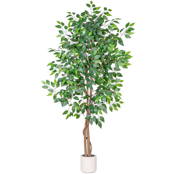 ROMSWI Artificial Ficus Tree 6FT Tall with White Planter, Realistic Faux Ficus Plants with Natural Wood Trunk for Living Room Home Office Porch