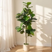 ROMSWI Artificial Fiddle Leaf Fig Tree 6FT Tall with White Planter, Natural Trunk Realistic Leaves Lifelike Faux Floor Plant For Home House Office Decor Indoor