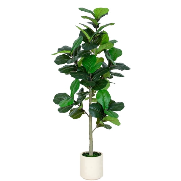 ROMSWI Artificial Fiddle Leaf Fig Tree 6FT Tall with White Planter, Natural Trunk Realistic Leaves Lifelike Faux Floor Plant For Home House Office Decor Indoor