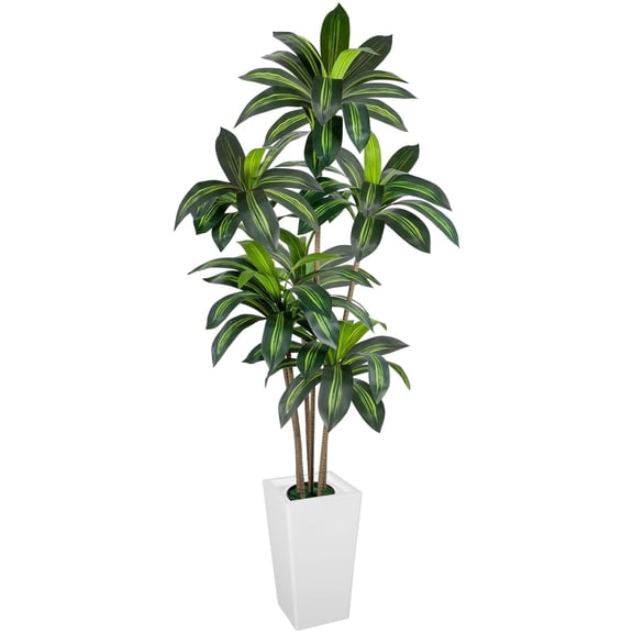 ROMSWI Dracaena Artificial Tree 6ft Tall Pre Potted Dracaena Trees with White Tall Square Planter for Indoor Outdoor Home Office Decor