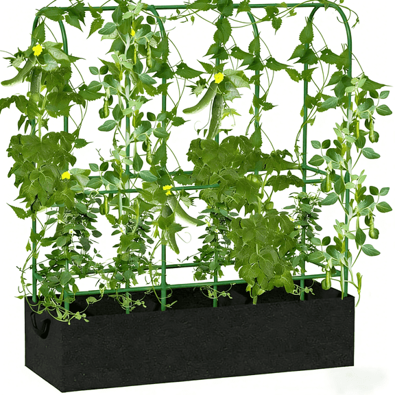 ROMUCH 67"x 45" Arch Cucumber Trellis with Planter Box Metal Garden Trellis for Climbing Plants with Grow Bag Tomato Cage Climbing Plants Vegetables Heavy-Duty Outdoor Plant Support