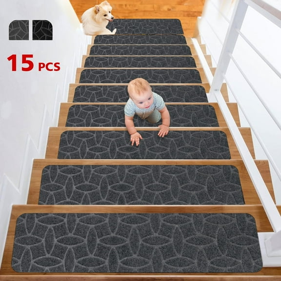 ROMUCHE 15Pcs Non Slip Stair Treads For Wooden Steps,8"X30" Self Adhesive Reusable Stair Runners Rugs Carpet For Kids Elders Pets(Gray)