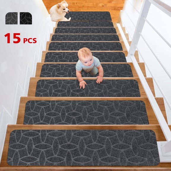 ROMUCHE 15Pcs 8"x30" Non Slip Stair Treads, Reusable Self Adhesive TPE Backing Stair Runner Rugs, Washable Polyester Stair Mats for Home Indoor Steps, Gray