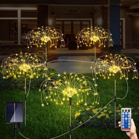 ROMUCHE 5pcs Solar Firework Lights Outdoor, Solar Garden Lights, LED Solar Pathway Light with Remote Waterproof 8 Modes DIY Landscape Light for Walkway Yard Decor (120LED Warm White)