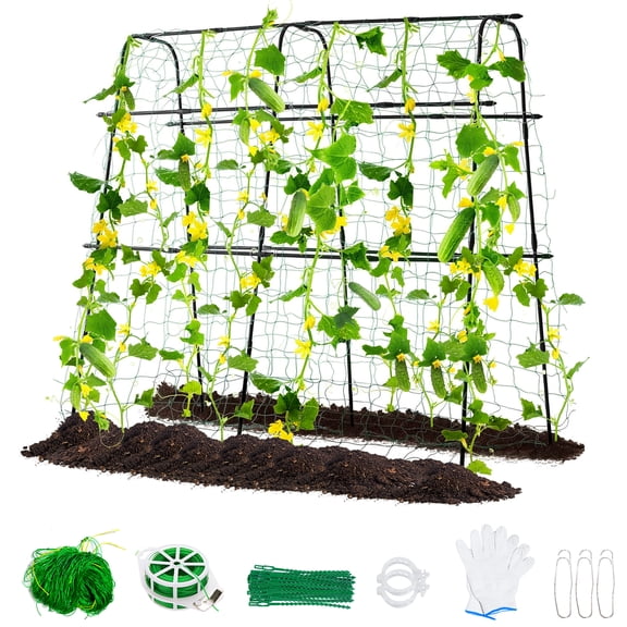 ROMUCHE 63"x63" Updated Cucumber Trellis for Raised Bed, Black U-Shape Garden Trellis for Climbing Plants Outdoor with Climbing Net