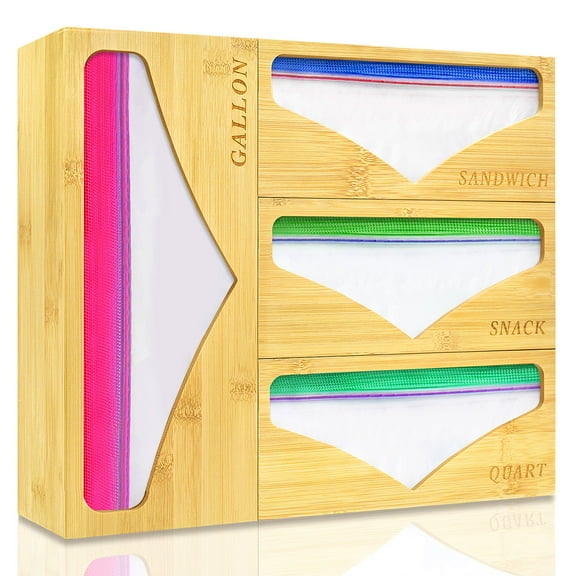 ROMUCHE Bamboo Ziplock Bag Storage Organizer for Draw Food Storage Bag Organizer Sandwich Bag Organizer Holders Suitable for Kitchen Gallon Quart Sandwich Snack Separate Bag Variety Size Bags