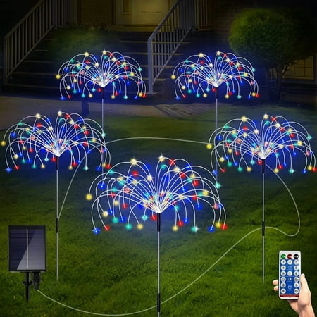ROMUCHE Christmas Solar Lights 5pcs Solar Firework Lights Solar Lights for Outside with Remote Waterproof 8 Modes for Christmas Walkway Yard Decor (120LED Multicolor)