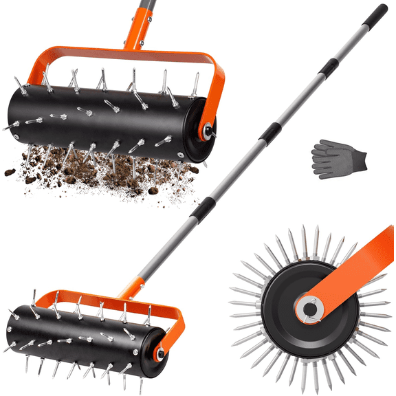 ROMUCHE Rolling Lawn Aerator - 42 Spikes with Spiral Design, 71" Adjustable Handle Manual Push Aerator Lawn Tool for Compacted Soil in Yard, Grass,Garden, Patio