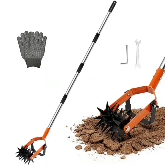 ROMUCHE Rotary Cultivator, Adjustable Long Handle Hand Tiller with Star Tines, 2-in-1 Manual Weeder for Lawn Care & Soil Mixing