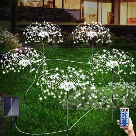 ROMUCHE Solar Firework Lights Outdoor, 5 Pack Solar Powered Firework Outdoor Light Solar Garden Lights with Remote Waterproof 8 Modes DIY Path Light (120LED White)