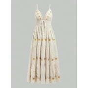 ROMWE Fairycore Women's Casual Holiday Star Embroidery Spaghetti Strap A-Line Maxi Dress