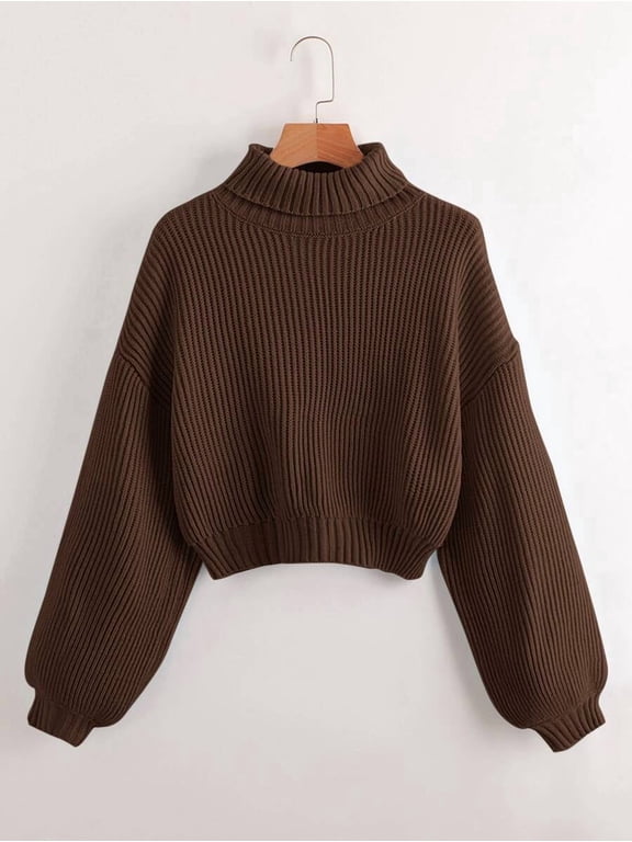 ROMWE Solid High Neck Bishop Sleeve Sweater, School,Ladies Late Fall Casual Long Sleeve Regular Fit Coffee Brown Bishop Sleeve Pullovers Women Sweaters,Long Sleeve Tops
