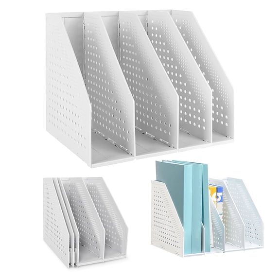 SAYEEC Gray 4-Compartment Collapsible Plastic Desktop Organizer, Adjustable File Magazine Binder Storage Holder for Office Home
