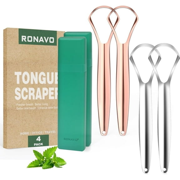 RONAVO Tongue Scraper for Adults (4 PC), Metal Tongue Scraper Rustproof (Travel Cases Included) Reduce Bad Breath, Tounge Scrappers Oral Care, Easy to Use & Wash, 2 Colors