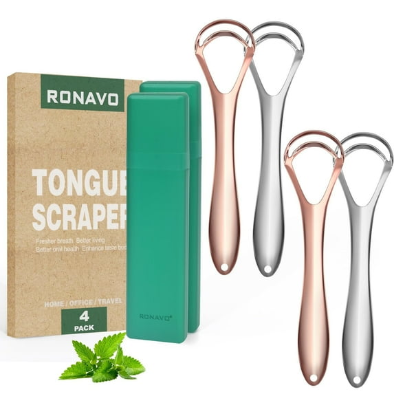 RONAVO Tongue Scraper for Adults (4 PC), Tounge Scraper Dual Scraping Head with Travel Cases, Stainless Steel Tongue Cleaner Fresh Breath, Oral Care, 2 Colors