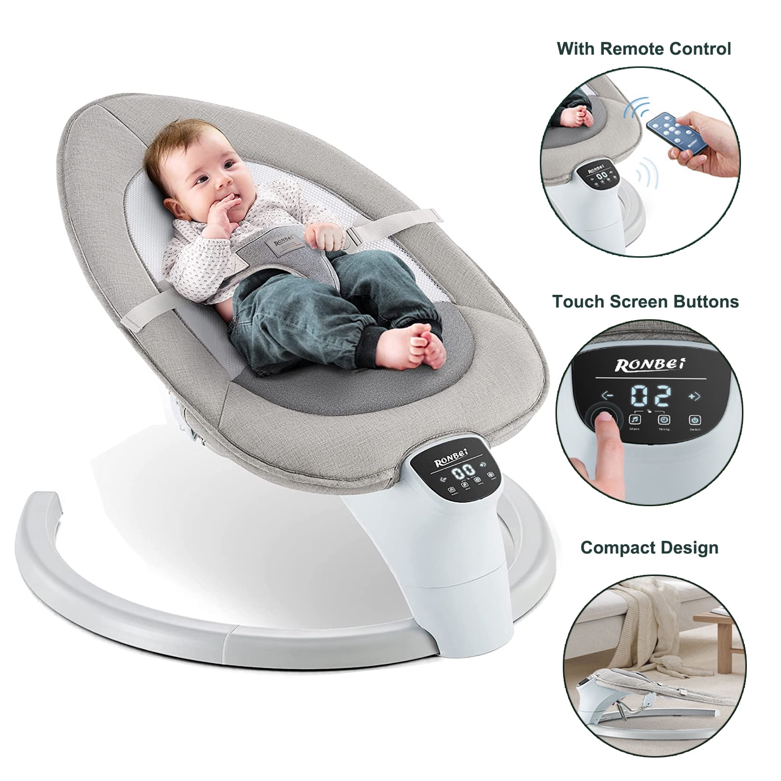 RONBEI 3 IN 1 Baby Swing Comfort Electric Cradling Swing for Infants Soothe  Portable Newborn Swing with Music Remote Control Timing Function Mosquito  Net Gray 