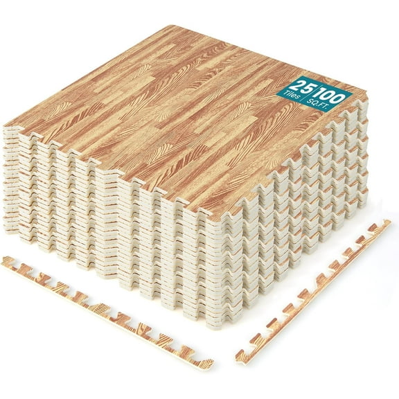 RONG-3 100 Sq. Ft. Interlocking Foam Floor Tiles, 25 PCS 2/5 Thick Wood Grain EVA Foam Mat w/50 Borders, 24 x 24 Puzzle Exercise Mats Protective Flooring for Home Gym, Apartment
