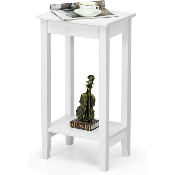 RONG-3 2-Tier End Table Tall Nightstand, Simple Design Sofa Bedside Table with Versatile Shelf and Wooden Legs for Small Spaces, Living Room, Study, Bedroom, Narrow Telephone Table,White