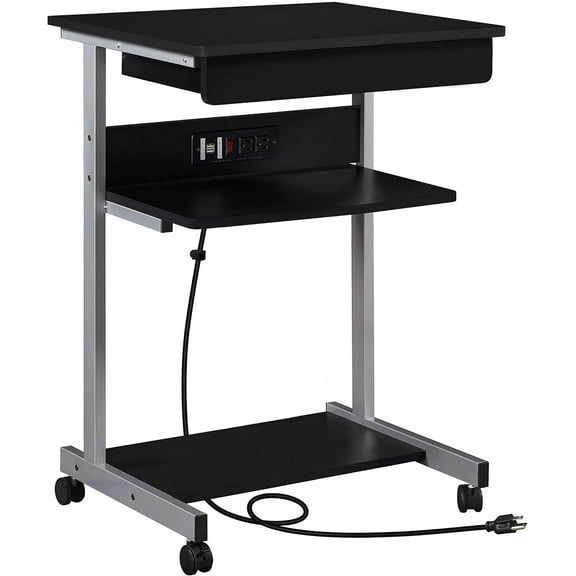 RONG-3 22 in Laptop Computer Table Home Office Desk with Power Outlet for Small Space, Mobile Compact Corner Workstation with Charging Station and USB Ports on Wheels, Student Writing Table, Black