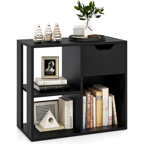 RONG-3 3 Cube Bookcase with Drawer, 2 Tier Bookshelf for Small Space, Modern Freestanding Display Rack with Open Shelves, White Book Case, Wood Cube Storage Organizer Bedroom Living Room,Black