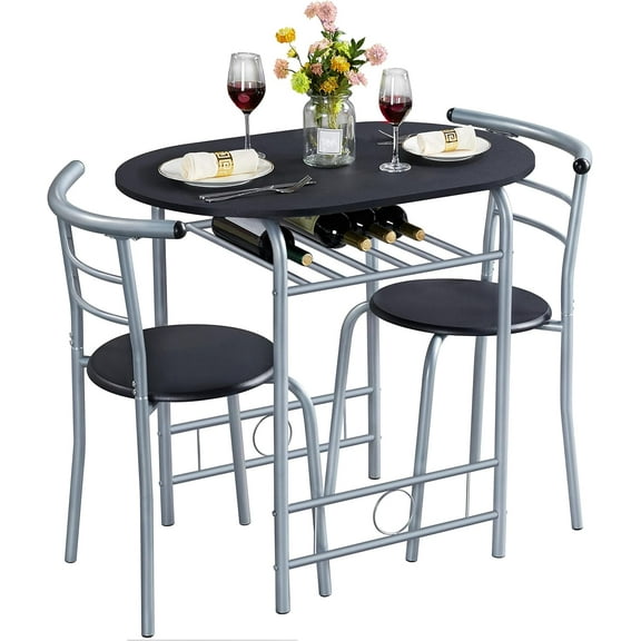 RONG-3 3 Piece Dining Table Set, Kitchen Table & Chair Sets for 2, Compact Bistro Table Set with Steel Legs, Built-in Wine Rack for Small Space, Apartment, Breakfast Nook,Black