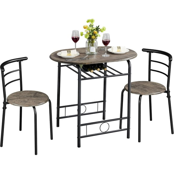 RONG-3 3 Piece Dining Table Set, Kitchen Table & Chair Sets for 2, Compact Bistro Table Set with Steel Legs, Built-in Wine Rack for Small Space, Apartment, Breakfast Nook,Drift Brown