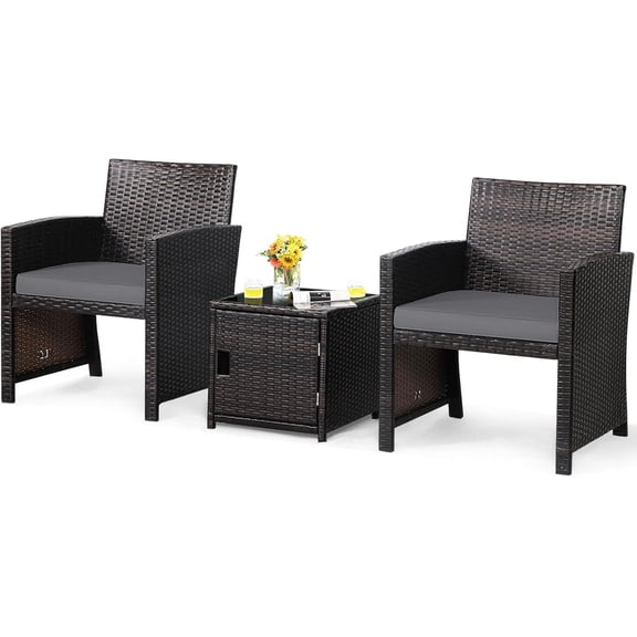 RONG-3 3 Piece Outdoor Bistro Set, PE Wicker Patio Conversation Set with Side Storage Table with Door, Soft Cushions and Protective Cover, Outdoor Sofa and Table Set