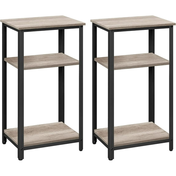 RONG-3 3-Tier End Table Side Table with Wooden Shelves Strong Metal Frame, 12 x 16 x 29.5 inches,Gray,2pcs