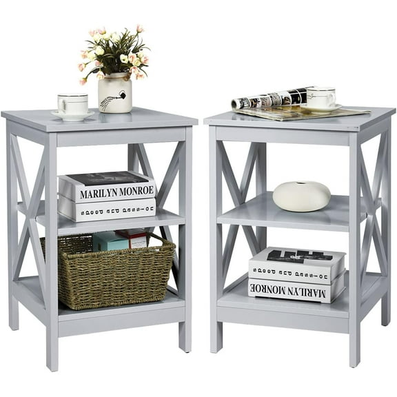RONG-3 3-Tier Nightstand Set of 2, Wooden Sofa Side Table with Storage Shelves, X-Design Structure, Accent Table Bedside Table End Table for Bedroom, Living Room, Easy Assembly (Grey)