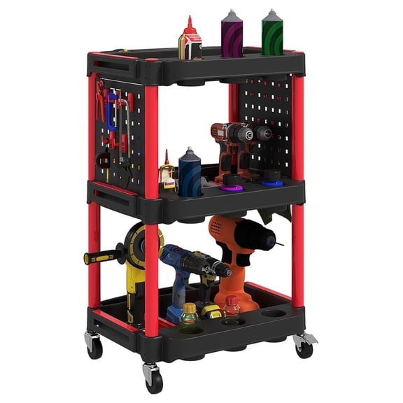 RONG-3 3-Tier Rolling Tool Cart with Wheels, 200 LBS Capacity Plastic Utility Cart with Side Shelves, Mobile Service Tool Organizer for Garage, Warehouse, Workshop, Black and Red