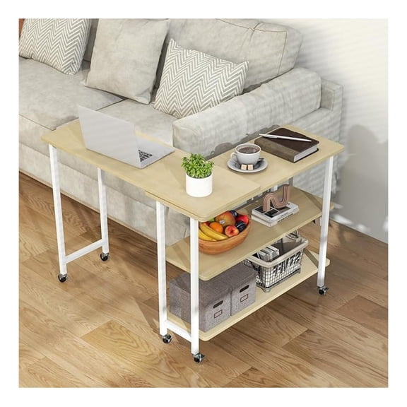 RONG-3 360° Rotating Sofa Side Table, Patented Mobile End Table with 2-Tier Storage Shelves, Swivel Rolling Desk with 6 Lockable Casters, Metal Frame, Movable Laptop Table Couch Snack Table for Home