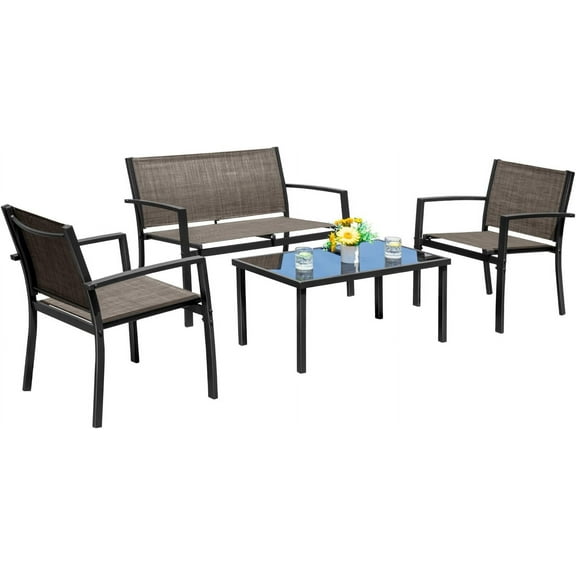 RONG-3 4 Pieces Patio Furniture Set Outdoor Garden Patio Conversation Sets Poolside Lawn Chairs with Glass Coffee Table Porch Furniture,Brown