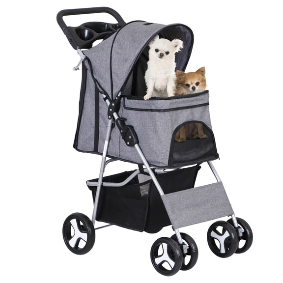 RONG-3 4 Wheels Pet Stroller,Foldable Dog and Cat Stroller with Cup Holder & Storage Basket & Breathable Mesh, Pet Strolling Cart for All-Season,Grey