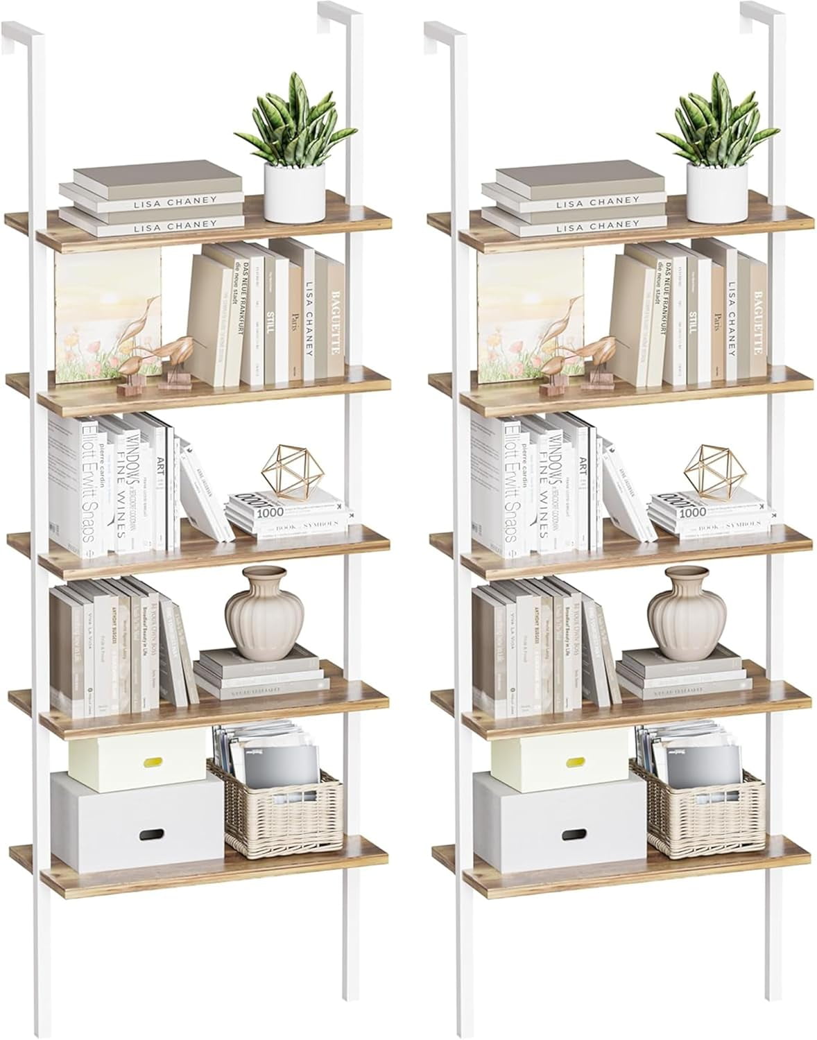 RONG-3 5-Tier Bookshelf, Wall Mount Ladder Shelf with Wood Board and ...
