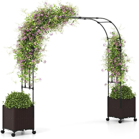 RONG-3 80" Garden Arch Trellis, Metal Archway Pergola with 2 Planter Boxes, Detachable PE-Coated Metal Tubes, Self-Watering System & Lockable Wheels, Outdoor Arbor for Climbing Plants