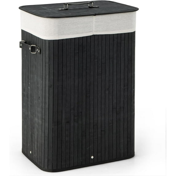 RONG-3 Bamboo Laundry Hamper with Lid, Large & Tall Clothes Hamper with Removable Liner & Handles, Rectangular Laundry Basket for Small Spaces, Laundry Room, Bedroom,Black