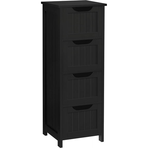 RONG-3 Bathroom Floor Cabinet, Wooden Side Storage Organizer, 4 Drawers Free-Standing Cabinet for Bathroom/Hallway/Living Room, Black