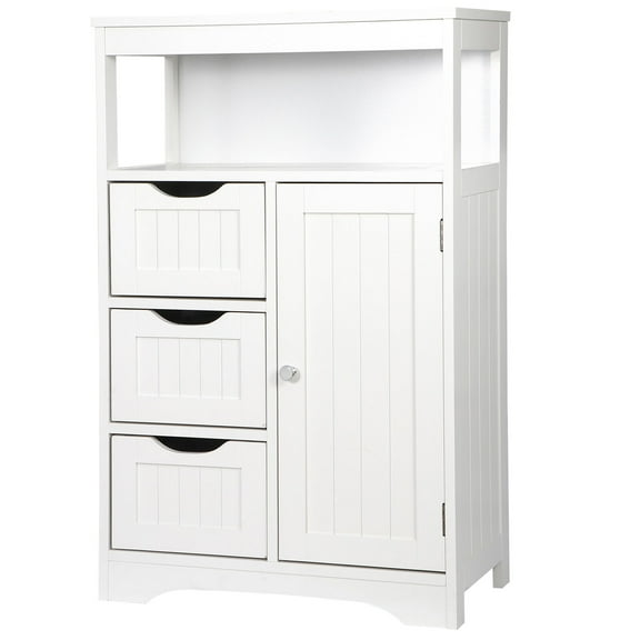 RONG-3 Bathroom Floor Cabinet Wooden Storage Organizer with Adjustable Shelf and 3 Drawers, Modern Free-Standing Cupboard for Living Room, Bathroom, Bedroom ,White