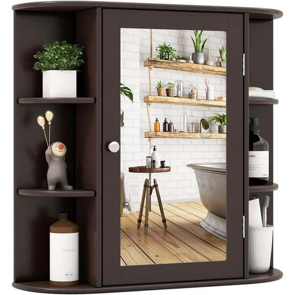RONG-3 Bathroom Medicine Cabinet with Mirror, Wall Mounted Home Storage with Door & 6 Open Shelves, Adjustable Shelves, Mirrored Bathroom Wall Cabinet ，Coffee