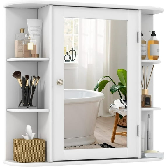 RONG-3 Bathroom Medicine Cabinet with Mirror, Wall Mounted Home Storage with Door & 6 Open Shelves, Adjustable Shelves, Mirrored Bathroom Wall Cabinet ,White
