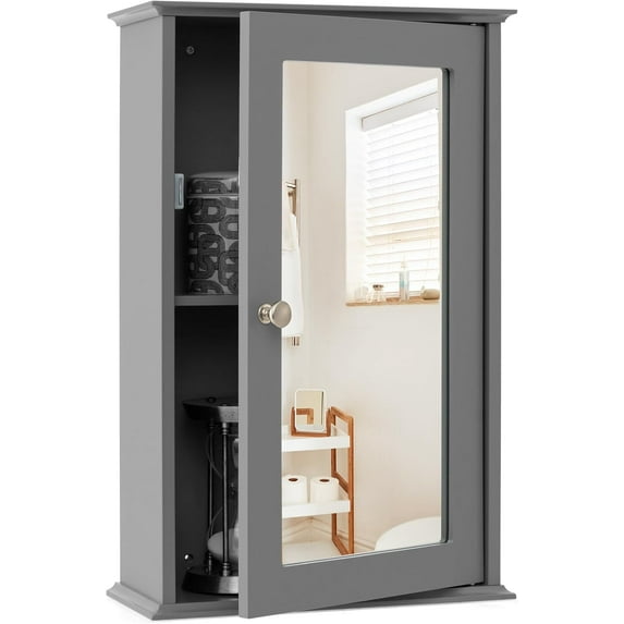 RONG-3 Bathroom Medicine Cabinet with Mirror, Wall Mounted Storage Cabinet with Single Mirrored Door and Adjustable Shelf for Bathroom, Living Room or Entryway,Grey