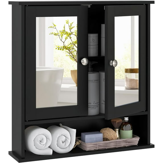 RONG-3 Bathroom Medicine Cabinet with Mirror, Wall Mounted Wooden Hanging Organizer with Doors and Shelves, Bathroom Wall Mirror Cabinet,Black