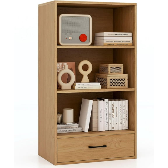 RONG-3 Bookcase with Drawer, Tall Freestanding Bookshelf, Anti-toppling Devices, Modern Display Storage Organizer for Home Office，Natural