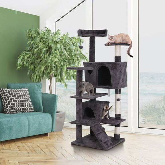 RONG-3 Cat Tree Cat Tower for Indoor Cats, Cat Furniture with Double Condo, Scratching Posts, Multiple Platforms and Balls for Kittens & Cats,Deep Grey